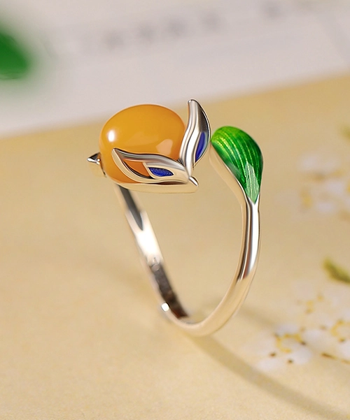 Fox Cabochon S925 Amber Open Ring
