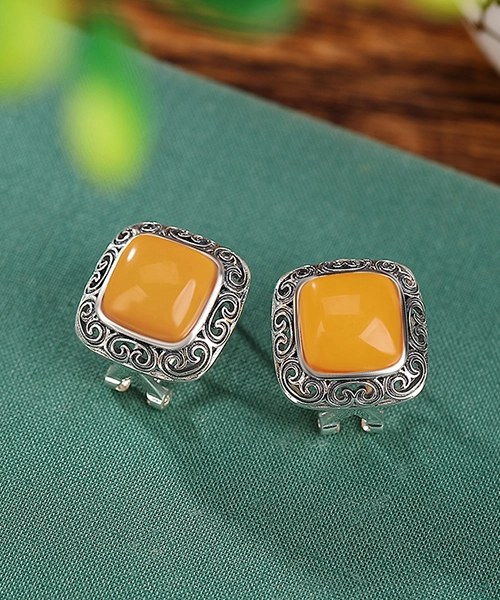 S925 Amber Vintage Cabochon Earrings