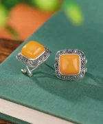 S925 Amber Vintage Cabochon Earrings