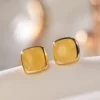 S925 Natural Amber Cabochon Earrings