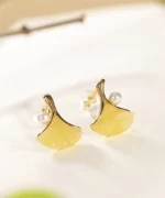 S925 Natural Amber Leaf Earrings