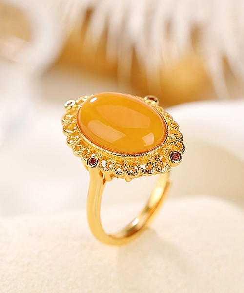 Natural Amber Cabochon S925 Open Ring