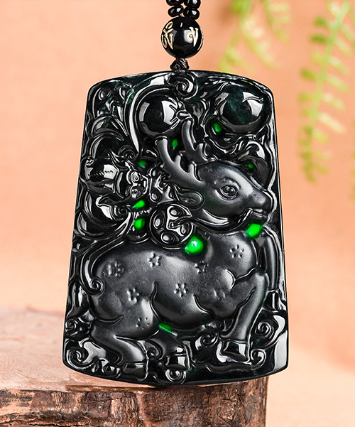 Natural Black Jade Deer Pendant Necklace
