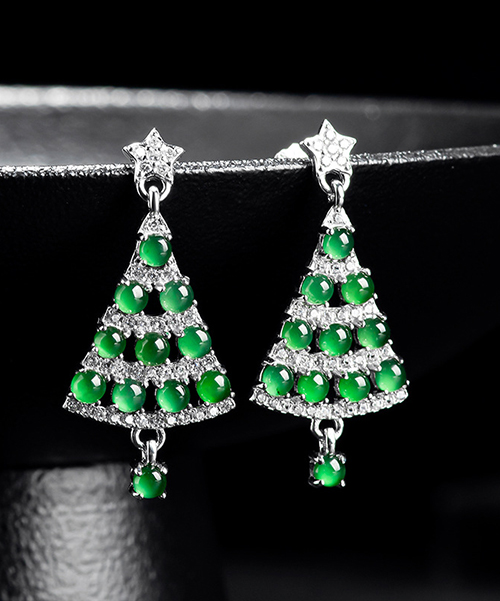 Natural Jade Christmas Tree Design S925 Earrings