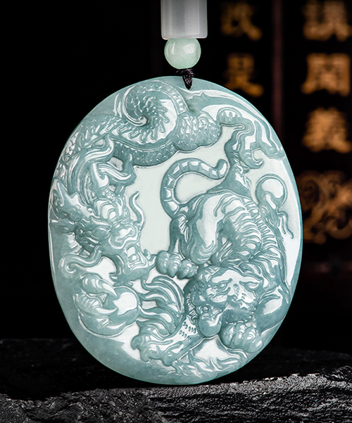 Handcrafted Dragon and Tiger Natural Jade Pendant Necklace