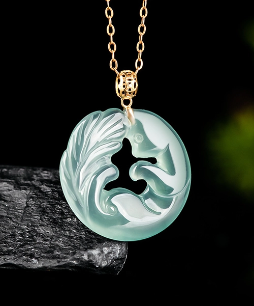 18K Gold Natural Jade Nine Tailed Fox Pendant Necklace