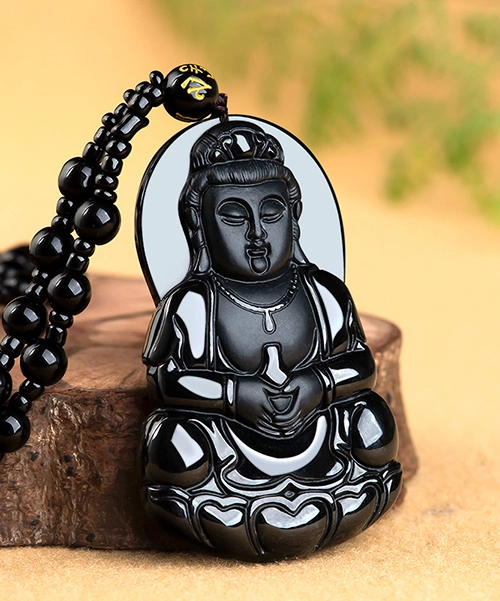 Natural Black Jade Guanyin Pendant Necklace