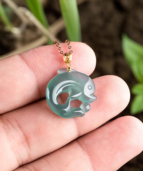 18K Gold Natural Jade Dolphin Pendant Necklace