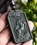 Natural Black Jade Steed Horse Two Sided Pendant Necklace