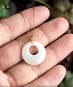 18K Gold Natural Jade Peaceful Ring Pendant Necklace