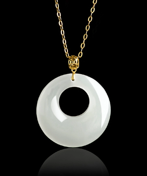 18K Gold Natural Jade Donut Ring Pendant Necklace