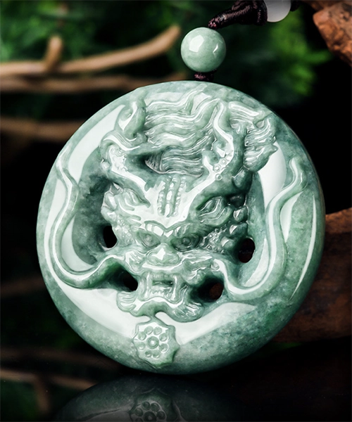 Natural Jade Handcrafted Dragon Two Sided Round Pendant Necklace