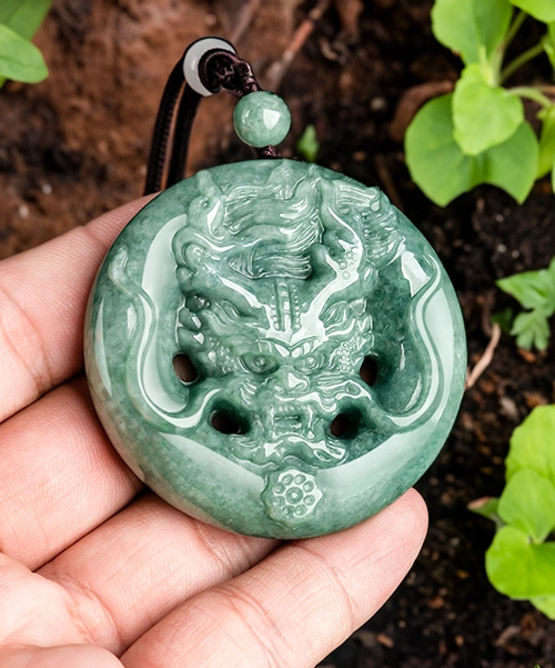 Natural Jade Handcrafted Dragon Two Sided Round Pendant