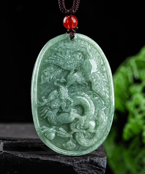 Phoenix Dragon Oval Natural Jade Pendant