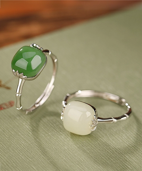 Jade Cabochon Bamboo S925 Open Ring