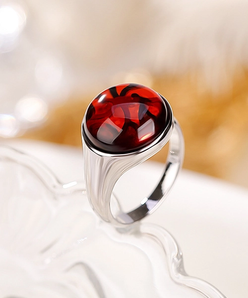 Bloody Amber Cabochon S925 Open Ring