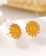 S925 Flower Amber Cabochon Earrings