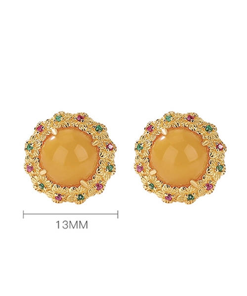 S925 Flower Amber Cabochon Earrings