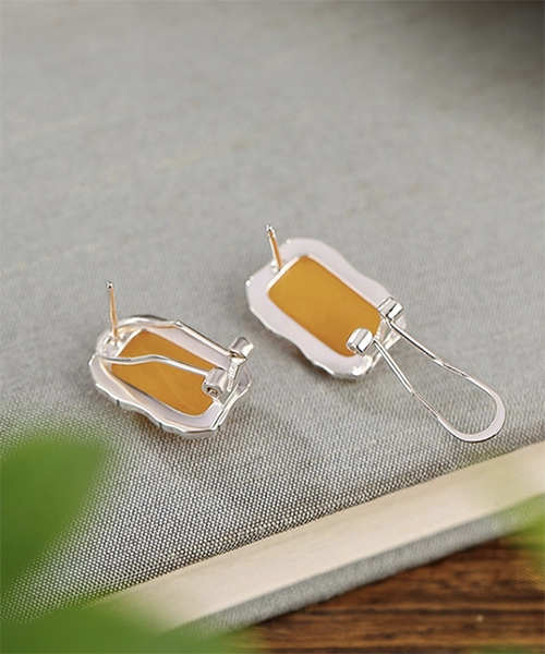 S925 Natural Amber Cabochon Earrings