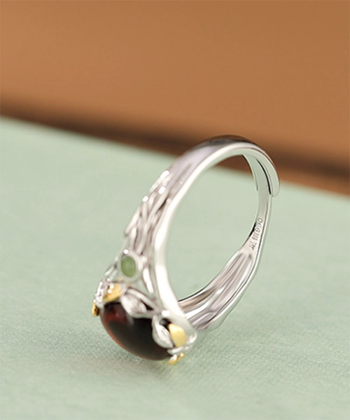 S990 Leaf Cabochon Amber Open Ring - Image 9