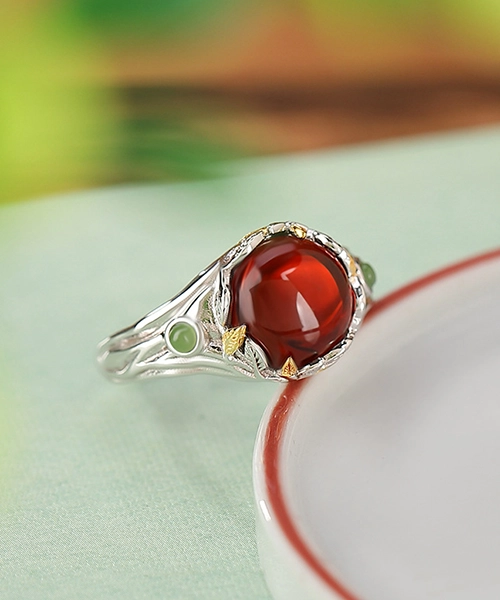 S990 Leaf Cabochon Amber Open Ring - Image 2