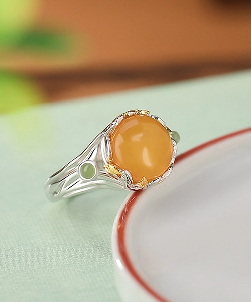 S990 Leaf Cabochon Amber Open Ring