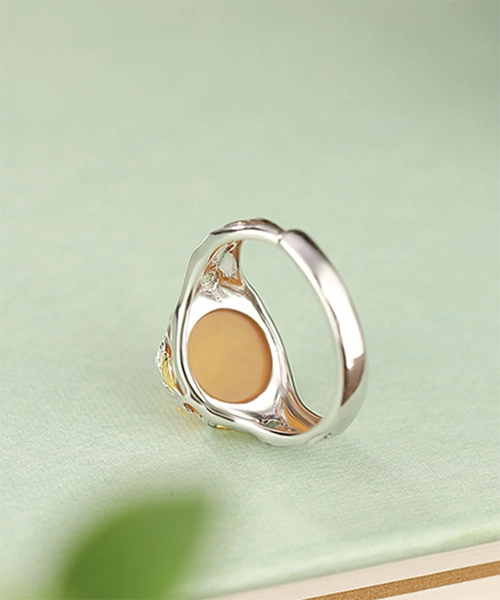 S990 Leaf Cabochon Amber Open Ring - Image 7
