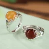 S990 Leaf Cabochon Amber Open Ring