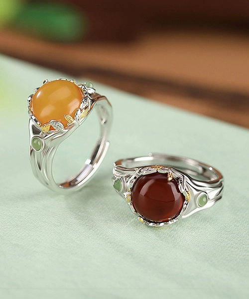 S990 Leaf Cabochon Amber Open Ring - Image 5