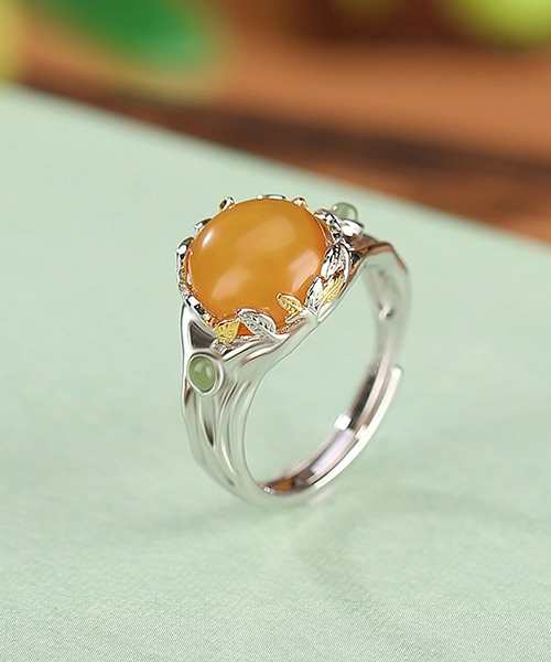 S990 Leaf Cabochon Amber Open Ring - Image 6