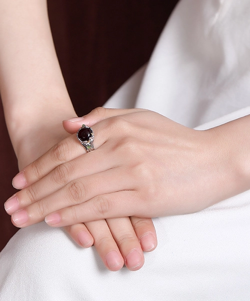 S990 Leaf Cabochon Amber Open Ring - Image 4