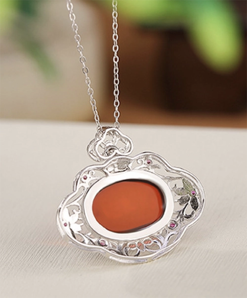 S925 Flower Amber Cabochon Pendant - Image 5