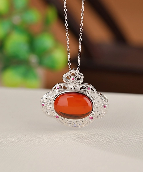 S925 Flower Amber Cabochon Pendant