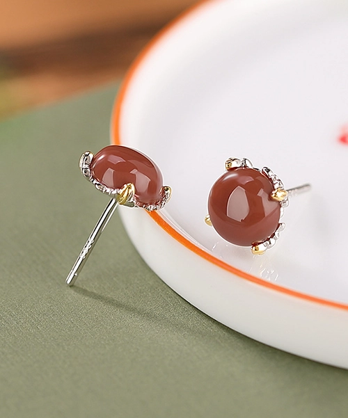 S925 Cabochon Red Agate Earrings