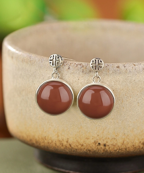 S925 Cabochon Red Agate Dangle Earrings