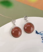S925 Cabochon Red Agate Dangle Earrings
