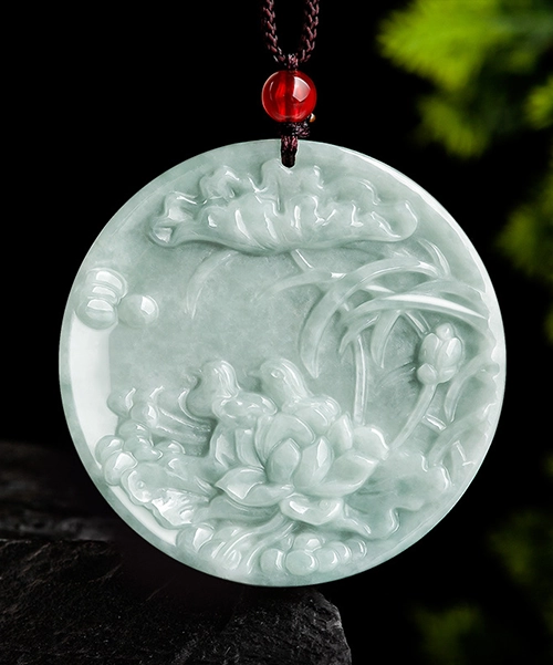 Lotus Mandarin Duck Jade Pendant