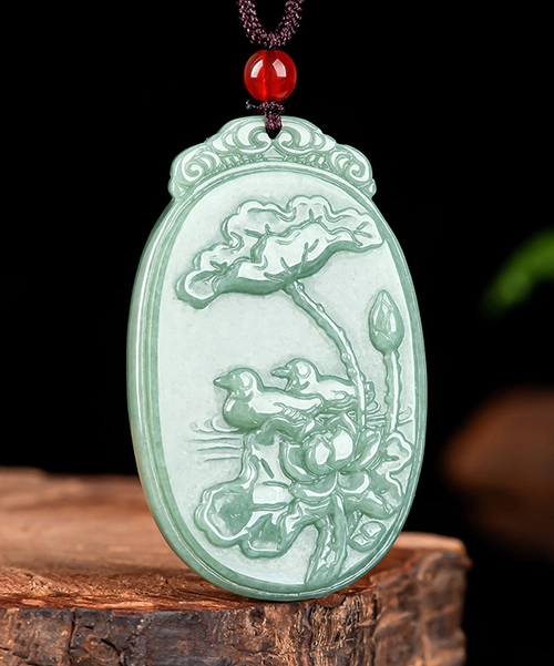 Jade Lotus Mandarin Duck Pendant