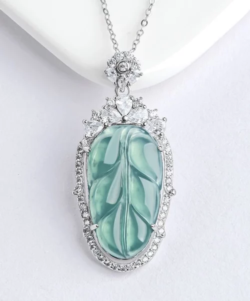 CZ Diamond Leaf Natural Jade Pendant