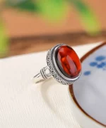 Bloody Amber Cabochon S925 Open Ring