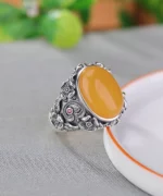 Amber Cabochon Ruyi Flower S925 Open Ring