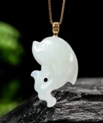 18K Gold Natural Jade Dolphin Pendant