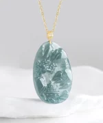 18K Gold Scenery Tree Oval Jade Pendant