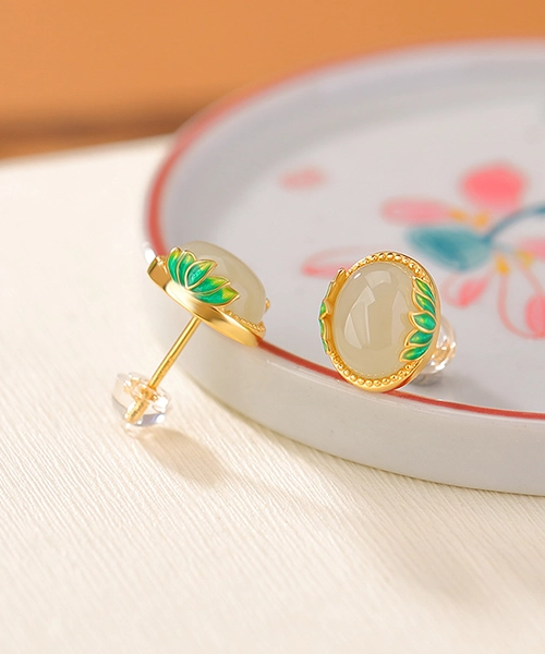 Vintage Lotus S925 Natural Jade Earrings - Image 2