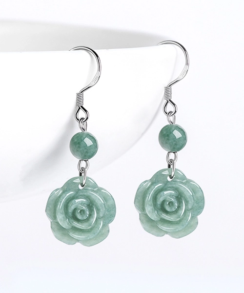 S925 Rose Natural Jade Dangle Earrings
