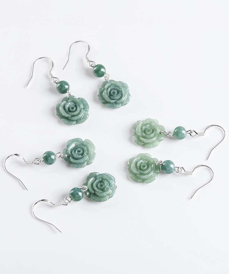 S925 Rose Natural Jade Dangle Earrings - Image 6