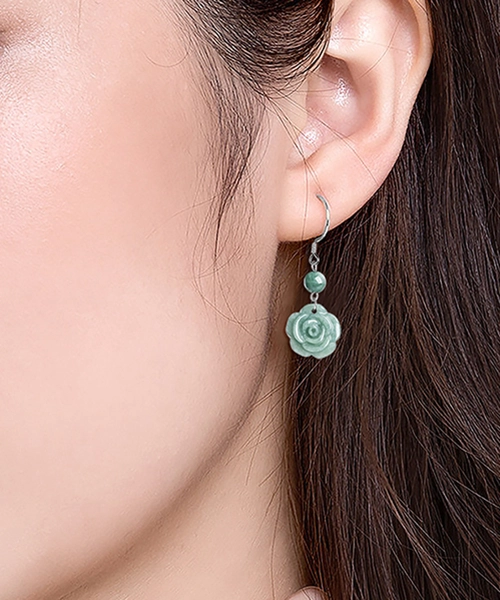 S925 Rose Natural Jade Dangle Earrings - Image 2